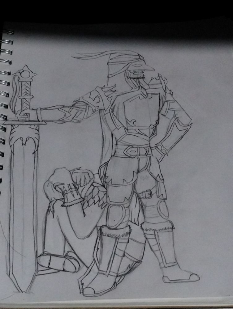 A drawn picture of two figures. One on the ground in fetal position behind the standing figure, tall and proud. The sitting figure is in light armor with his hair exposed and a bit ruffled. The standing figure is wearing plate armor and leaning on a greatsword with a bird emblem by the cross guard on the blade, point dug into the ground.