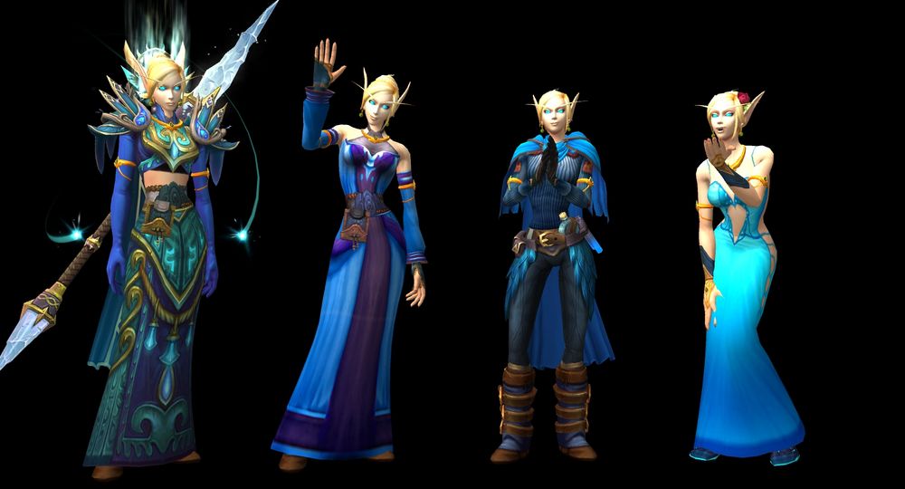 Four models of the same character: a blonde, long eared elven woman. The first one is the character is a set of fancy blue and gold robes with an icy-looking staff. Two blue notes of magic rotate around her. The second is her waving at the camera in a more relaxed halter dress in blue and purple. The third is her in dark blue pants outfit rubbing her hands together with a cloak that covers her shoulders to keep herself warm. The last is her with a red rose in her hair blowing a kiss left of the camera wearing a bright blue dress with gold accents and accessories. The dress is -quite- revealing, though still covers the important areas.