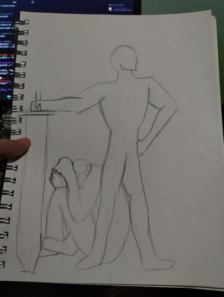 An unfinished sketch in a sketchbook. One figure standing tall in front with a large sword stabbed into the ground, held by the right hand. A second figure is curled up behind them in fetal position, hands clutching their head.