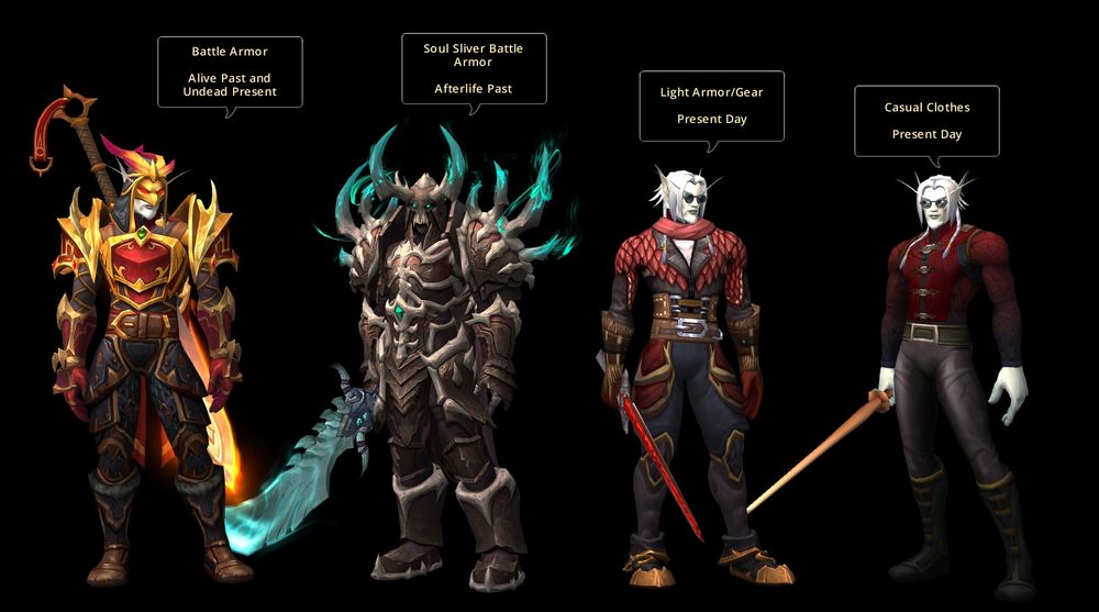 Four models of the same elven man. First one labeled: Battle Armor; Alive Past and Undead Present. It's a mix of bright and dark reds along with gold. His sword is on his back as a large golden blade that is aflame. The second is labeled: Should Sliver Armor; Afterlife Past. It's dark browns with brighter grey bones covered in a strange blue magic. The same magic wraps around a jagged, bonus blade in his hand. The third is labeled: Light Armor/Gear; Present Day. His hair is now visible as a pale silver and full beard is more noticeable. He wears a leather scaled tunic in red and black with golden trim. A red scarf wrapped around his neck and black and silver sunglasses don his face. The sword is thinner and lighter, more red and black than The first , sans any magic upon it. The final model is labeled: Casual Clothes; Present Day. He wears simple black pants, black boots with gold trim, and a crimson doublette with black and gold accents. The glasses are still on him and unlike the other models, his sword is a wooden training sword.