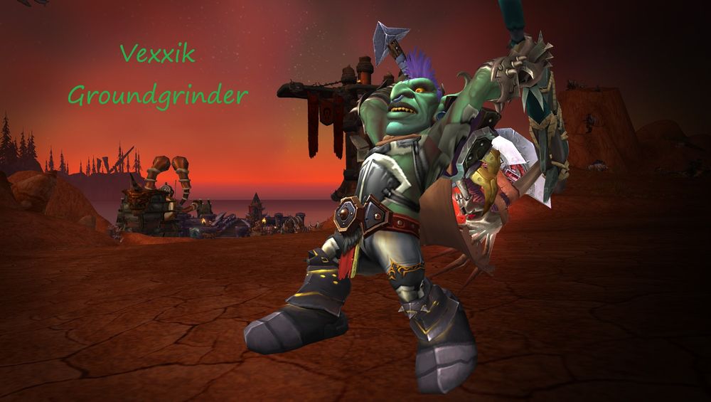 A screenshot of a goblin mid-leap animation. The background and positioning doesn't help the appearance, however. He wears a hodge-podge of armor appearing to be hastily constructed, similar to his axes. His name is in green to the left: Vexxik Groundgrinder.