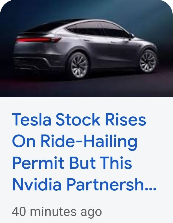 Tesla car with headline, "Tesla Stock Rises on Ride-Hailing Permit".