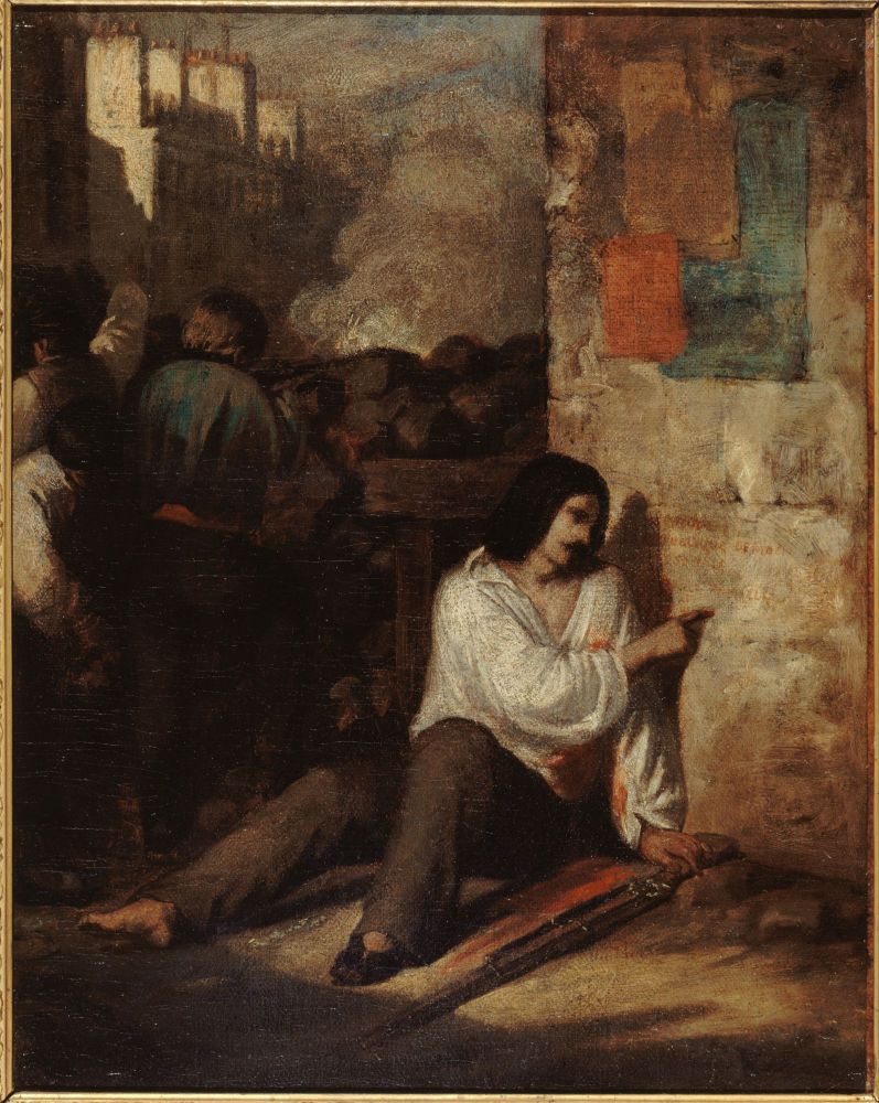 tableau d'un insurgé blessé derrière une barricade qui écrit sur le mur avec son doigt ensanglanté