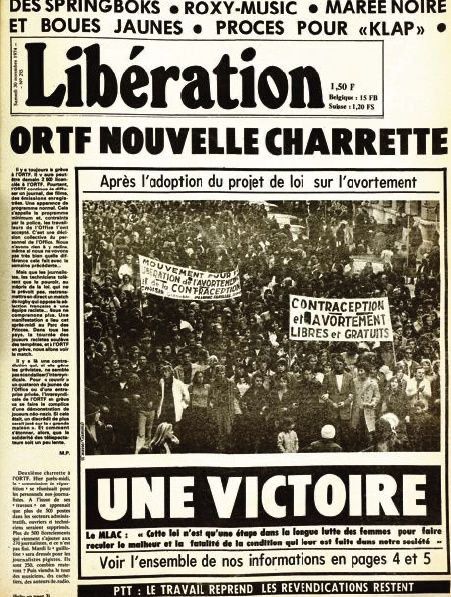Une de libération
titre sur la Victoire après le vote de la loi
image d'une manifestation pour le droit à l'IVG