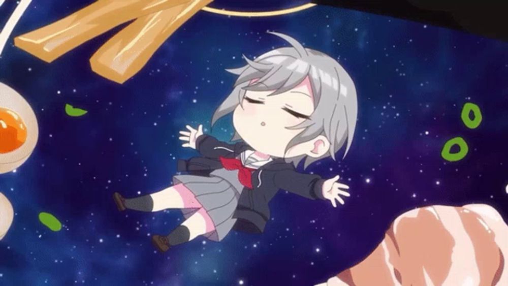 a girl in a school uniform is floating in the air with her eyes closed