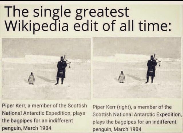 Piper Kerr (right), a member of the Scottish National Antarctic Expedition, plays the bagpipes for an indifferent penguin, March 1904