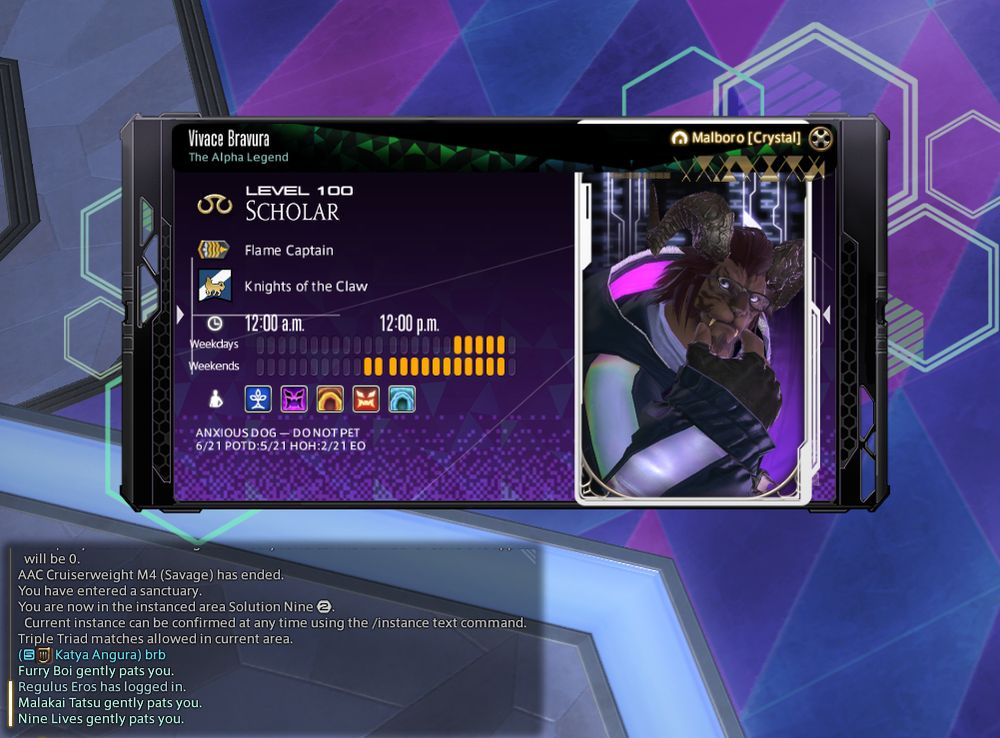 A screenshot from FFXIV, showing my adventurer plate and my chat window. The adventurer plate has my character name, title, and a comment that reads "ANXIOUS DOG - DO NOT PET" above my solo deep dungeon statistics. The chat window shows several people (who I do not know) having used the /pet emote on my character.