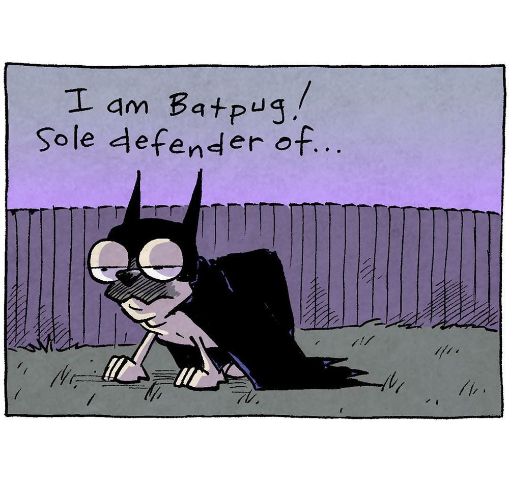 PANEL 1: OSO, the fawn pug, in full Batman cape and cowl, stands in a darkly lit backyard, fence in background. The sky fades from purple to grey. Somehow there is an edge-light on Oso, for drama.
NARRATION: I am Batpug! Sole defender of…

PANEL 2: All of a sudden the same scene is in day light, the magic broken as DIGBY, a brown daschund, enters the scene. His eyebrow is arched, as if wondering what OSO, still dressed as Batpug, is up to.
NARRATION: Oh. Um.

PANEL 3: OSO looks embarrassed as DIGBY continues to stand staring at him. No text.

PANEL 4: The background is purple again with a burst of bright pink. OSO, in Batman cowl, leaps with mouth open and eyes wide, as in front of him joins DIGBY, now dressed up with a black mask over his eyes, yellow collared cape, and a circled S hanging from his collar (emulated Robin). DIGBY’s mouth is wide open with tongue out, spit flying.
NARRATION: BEHOLD! BATPUG & SLOBBIN! Crime doesn’t sleep: so THEY handle that!

———
Want 5,000 more comics like this? Join us at Patreon.com/sheldoncomics for the *FULL* Sheldon archives, art giveaways, fun community, and more! Sheldon Comics copyright Dave Kellett. Colors by Beth Reidmiller