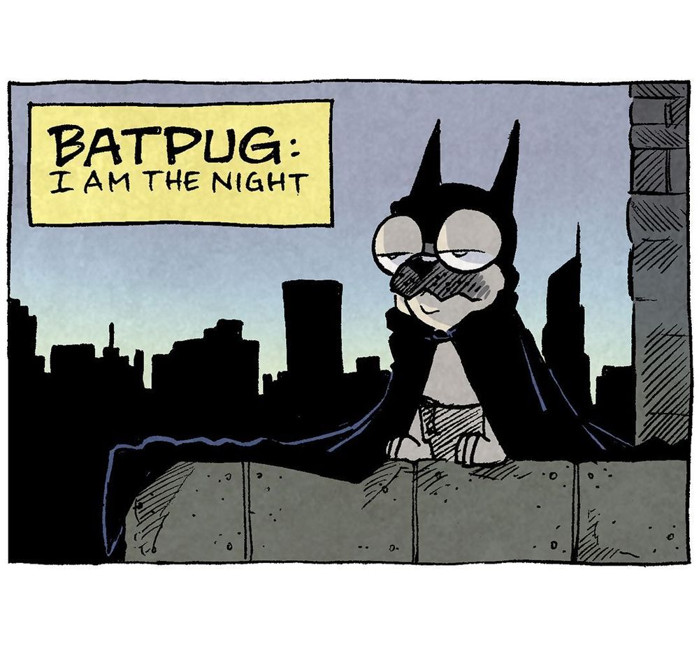 PANEL 1: OSO the fawn pug sits on an outdoor building ledge dressed in a black cloak and cowl, very much looking like batman. His eyes are low and serious. There is a city skyline in silhouette behind him.
NARRATION: BATPUG: I am the night

PANEL 2: OSO, still in costume, leaps across the panel.
NARRATION: I am the avenging angel that strikes in the shadows. The dark knight that moves in silence.

PANEL 3: OSO sits atop a round pole, city in the background, glowing moon in the sky.
NARRATION: My very breath is a whisper.

PANEL 4: Close up on OSO in costume, a pink glow behind him.
NARRATION: MY VERY BREATH A WHISPER
Sound effect: phneehgh phneehgh phneehgh phneehgh phneehgh phneehgh phneehgh phneehgh phneehgh

——
Want 5,000 more comics like this? Join us at Patreon.com/sheldoncomics for the *FULL* Sheldon archives, art giveaways, fun community, and more! Sheldon Comics copyright Dave Kellett. Colors by Beth Reidmiller
