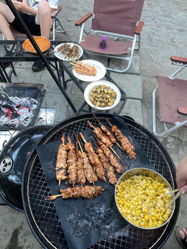 Dinner:
Butter corn
Bbq chicken 
Potatoes 
Grilled shrimp
Steak skewers
Taco dip
