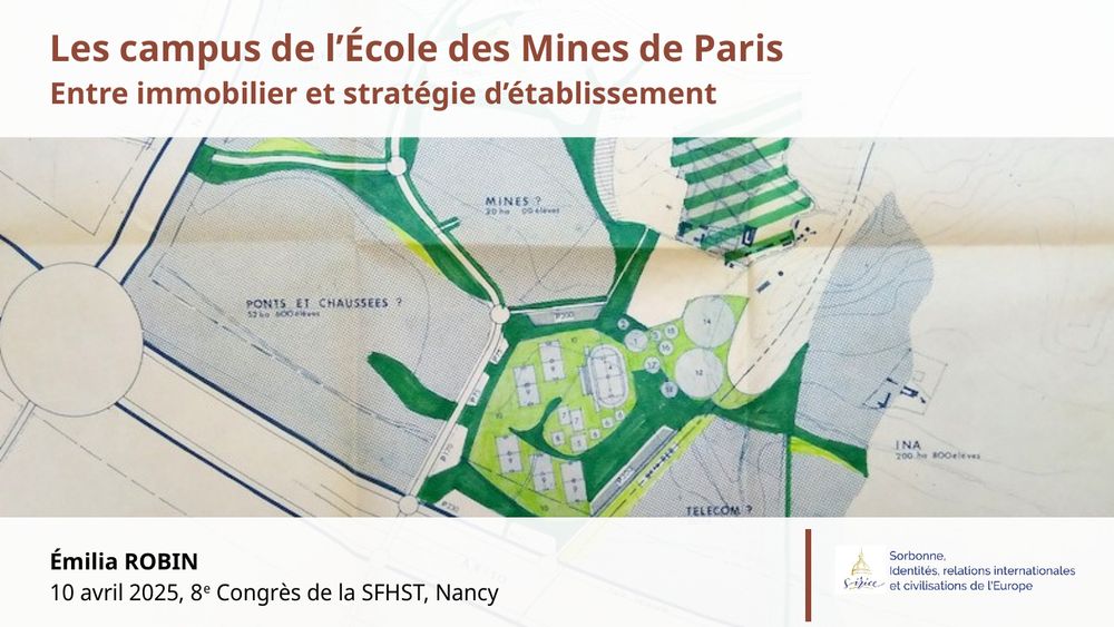 Couverture du diaporama avec carte d'implantation des Mines à Palaiseau

Texte : Les campus de l'École des Mines de Paris, entre immobilier et stratégie d'établissement. Émilia Robin, 10 avril 2025, 8e congrès de la SFHST, Nancy

Logo de l'UMR SIRICE