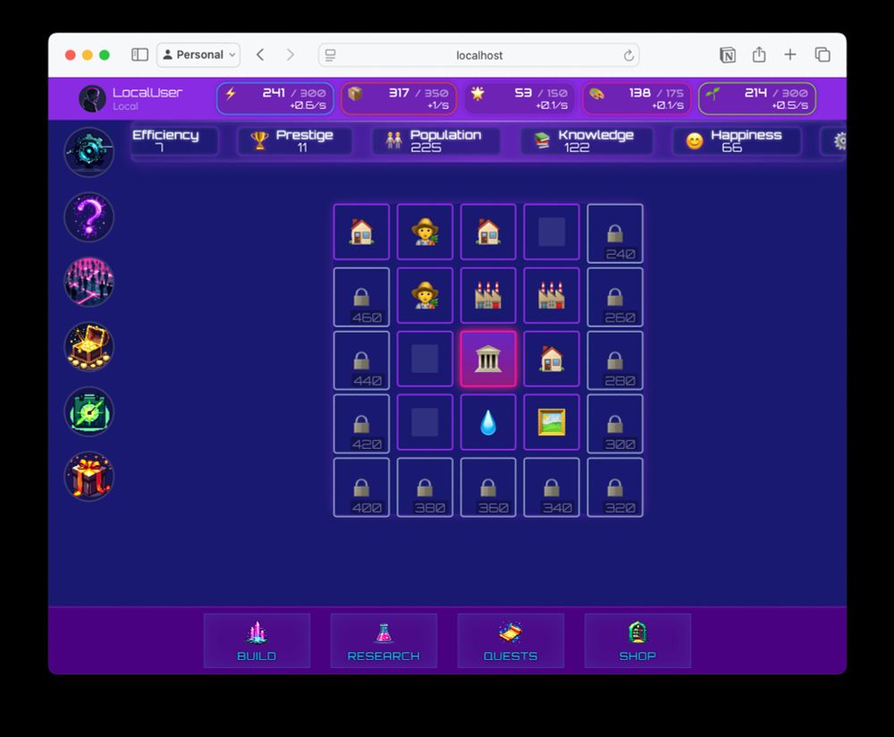 A screenshot of a web game with a grid of emoji for different buildings in a city.