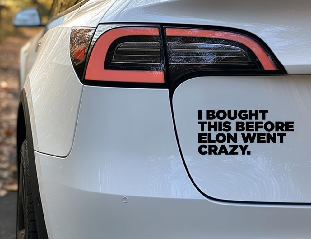 Bumper sticker on the back of a Tesla, reading "I bought this before Elon went crazy"