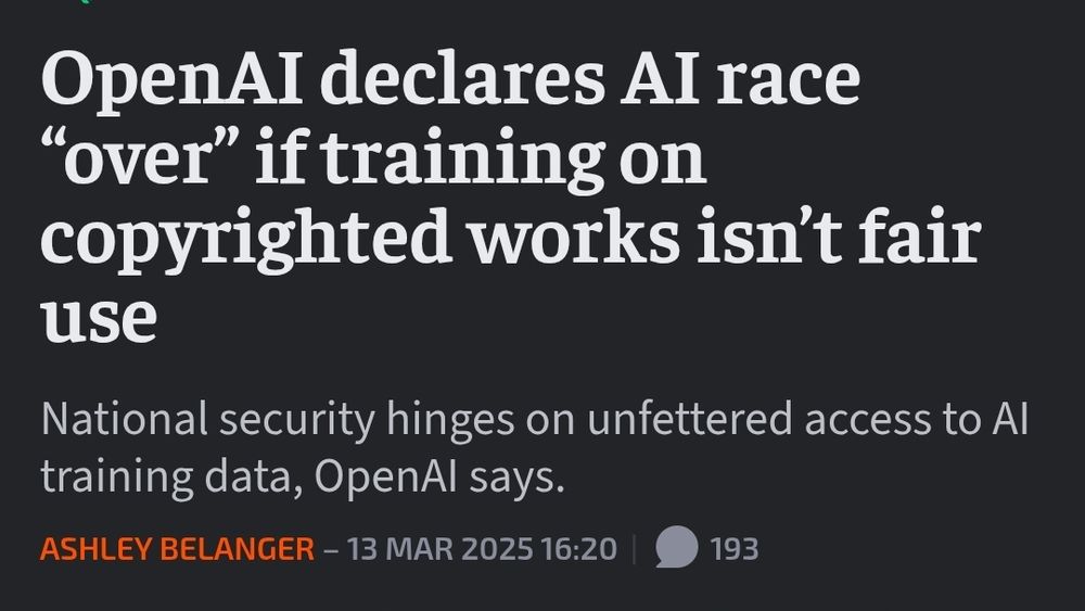 Headline reading "OpenAI declares AI race “over” if training on copyrighted works isn’t fair use"