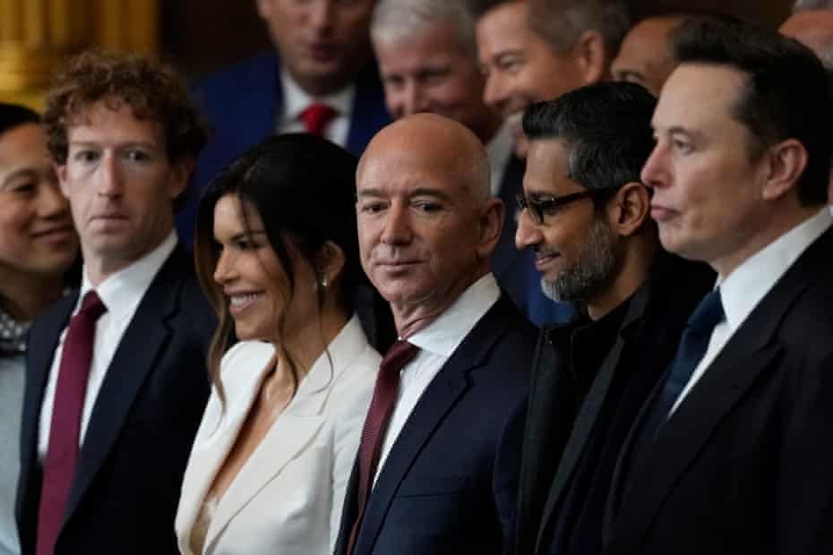 Mark Zuckerberg of Facebook, Jeff Bezos of Amazon, Sundar Pichai of Google and Elon Musk of Mars at the inauguration of Donald Trump of Bullshit 