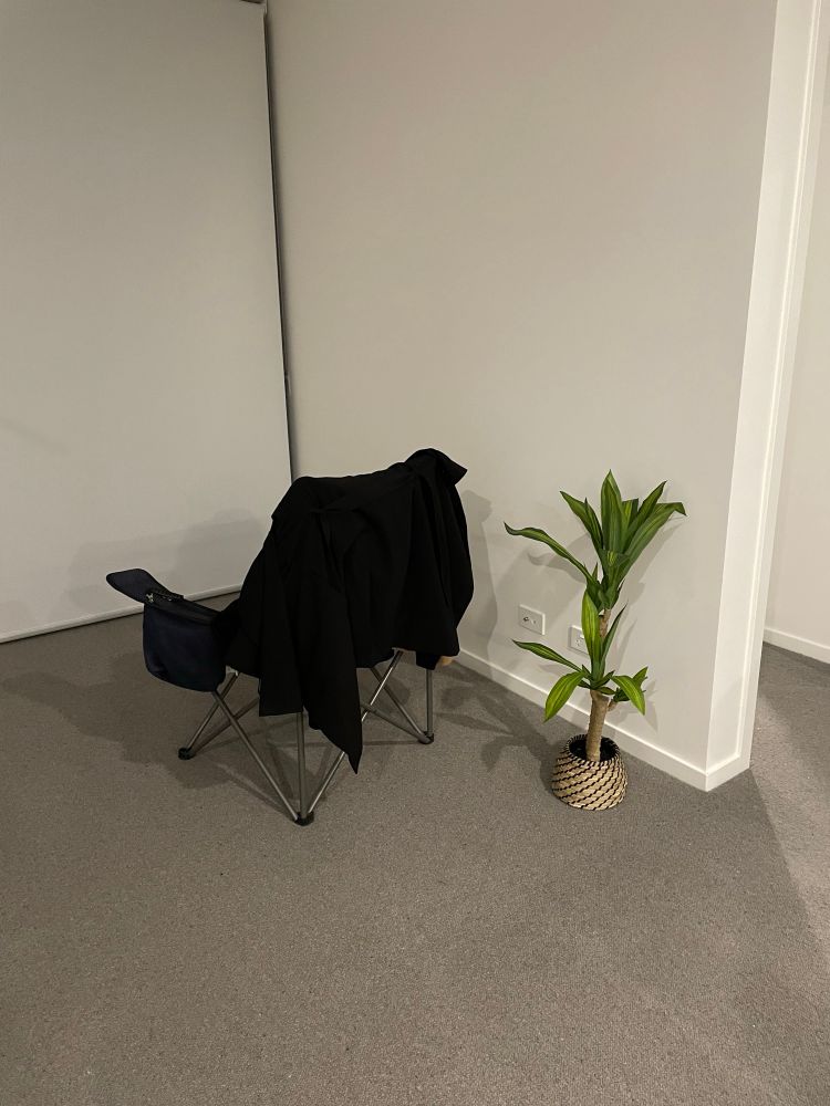 A camping chair in my living room, facing closed blinds. The vibes are BAD. 