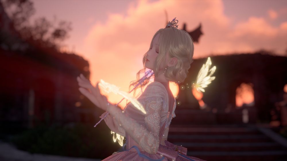 A screenshot from Infinity Nikki. Nikki is posing in front of the sunset in a pink dress with lace sleeves, holding a purple wand.