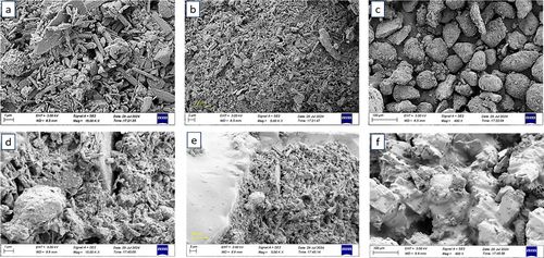 FESEM images of Dust Source 1. Untreated (a, b, c) and SC-brine-treated (d, e, f) samples.