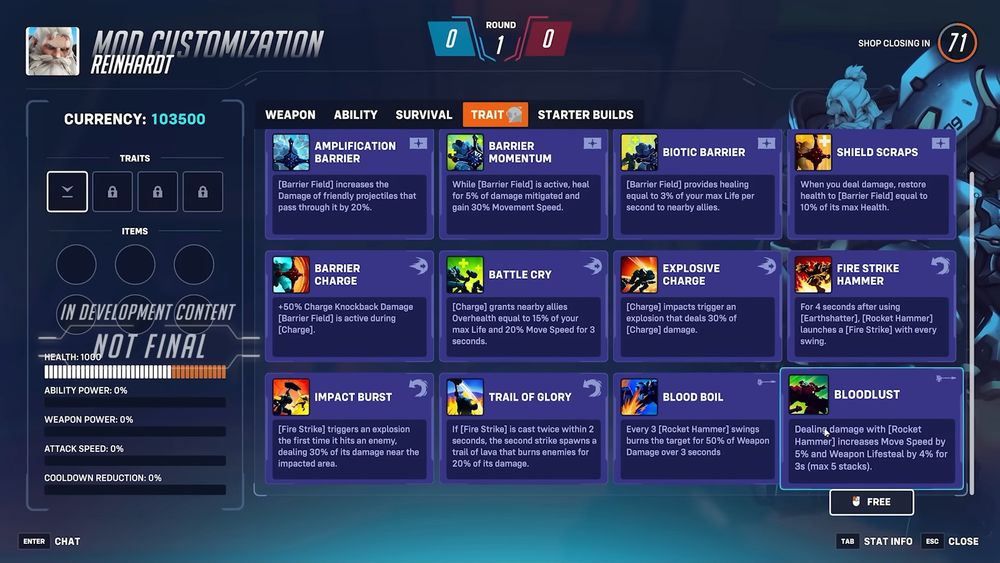 Écran de sélection des traits dans le nouveau mode de jeu Stadium, à venir en saison 6.