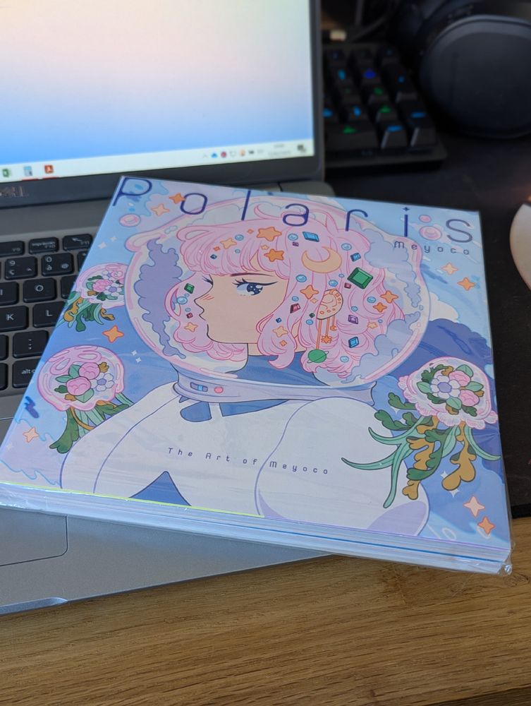 Photo de l'artbook Polaris de l'artiste Meyoco.

Sur la couverture se trouve un dessin d'une personne avec des cheveux roses, des objets et bijoux dans les cheveux, des bijoux à l'oreille visible et porte un scaphandre d'astronaute en bulle de savon.

Autour de cette personne, on peut y voir des sortes de méduses où l'on peut y voir des plantes et des fleurs à l'intérieur.

Le logo Polaris est en gros en haut de la couverture, avec le nom de l'article Meyoco en petit en dessous.

Sur la photo, l'artbook est posé sur un clavier d'ordinateur portable.