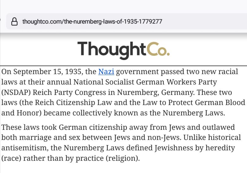  On September 15, 1935, the Nazi government passed two new racial laws at their annual National Socialist German Workers Party (NSDAP) Reich Party Congress in Nuremberg, Germany. These two laws (the Reich Citizenship Law and the Law to Protect German Blood and Honor) became collectively known as the Nuremberg Laws.

These laws took German citizenship away from Jews and outlawed both marriage and sex between Jews and non-Jews. Unlike historical antisemitism, the Nuremberg Laws defined Jewishness by heredity (race) rather than by practice (religion). 