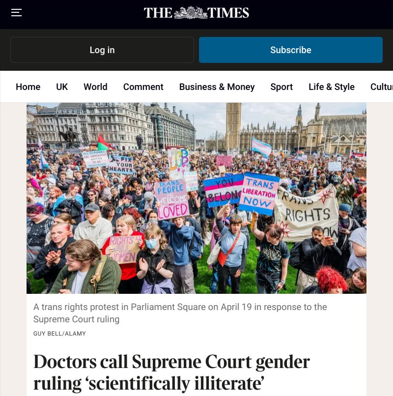 Article from The Times online. Doctors call Supreme Court gender ruling "scientifically illiterate" following vote by BMA.
