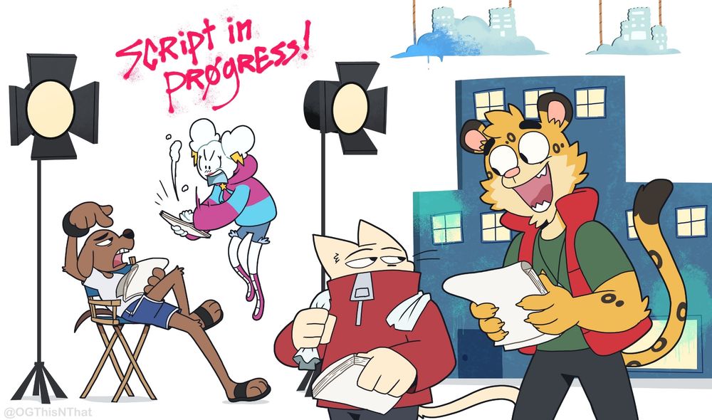 A drawing of the "This N That" cast on a film set. Dex and Float (an anthro dog and cloud girl) are bickering in the background with scripts in their hands. While Ritz and Jamie (an anthro cat and cheetah) are casually walking by in good spirits with in their hands as well.