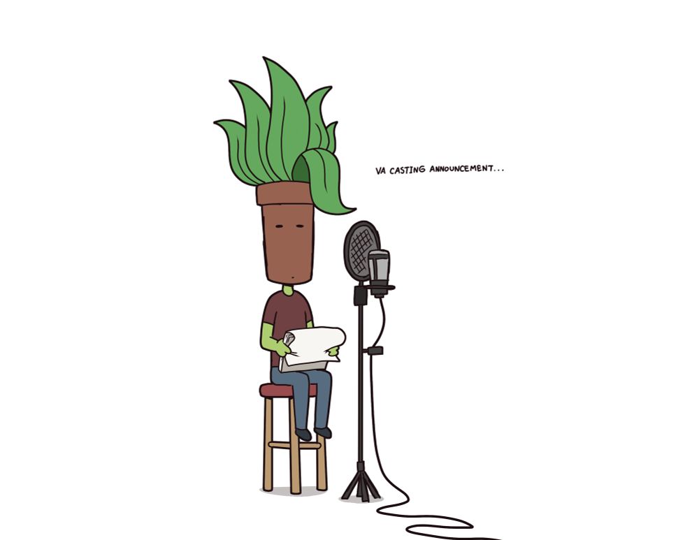 Carl the potted plant person is sitting on a stool chair, holding a bunch of papers and a recording mic in front of him. Next to him are the words saying "Voice Actor casting announcement".