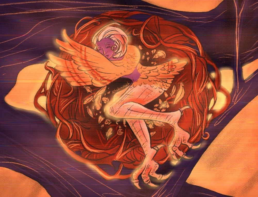 Harpy taking a nap in a nest in a tree