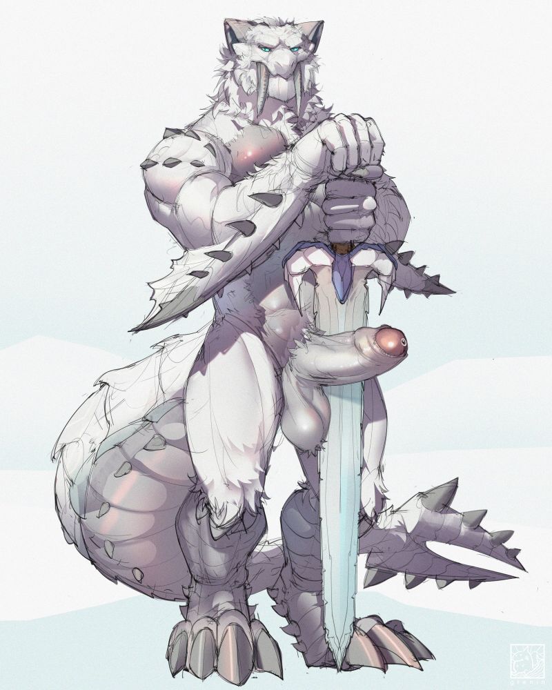 A nude anthropomorphic Frostfrostfang Barioth with a sword in hand