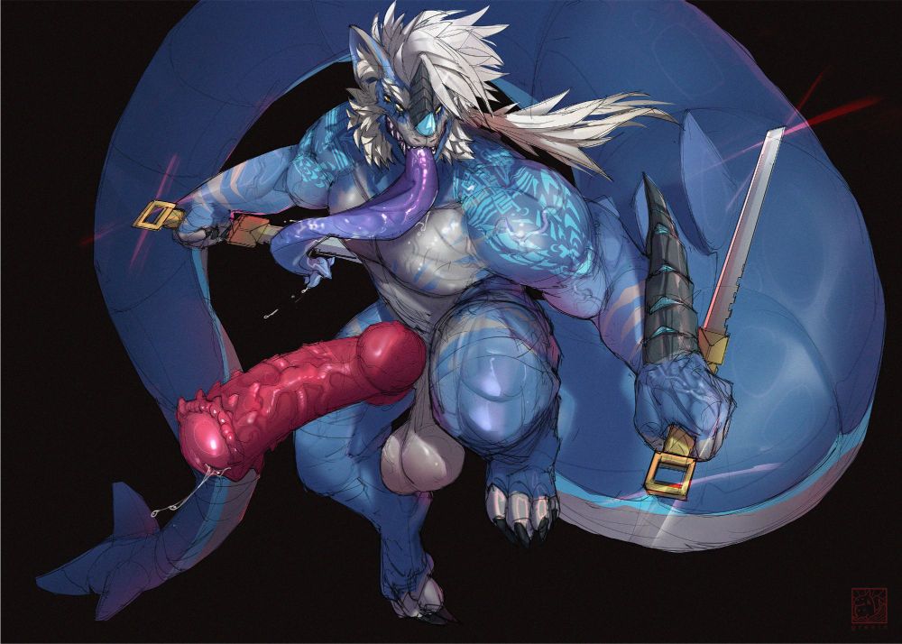 Sexually explicit photo of a blue anthrophomorphic dragon/monster with his tongue out, wielding two sharp sword, and possessing an engorged penis