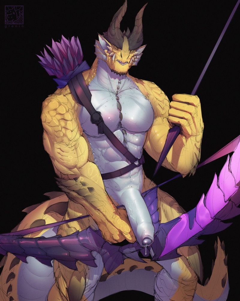 A naked anthropomorphic Shagaru Magala - a monster from Monster Hunter Rise - holding a bow