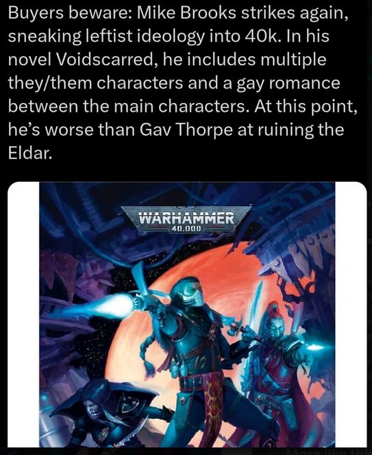 a very angry chud who is probably a meme lord space marine fan who's mad that there is queer rep in his space elf pirate book. 