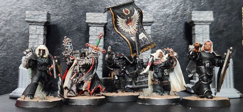 Five Dark Angel Space Marines with a flag