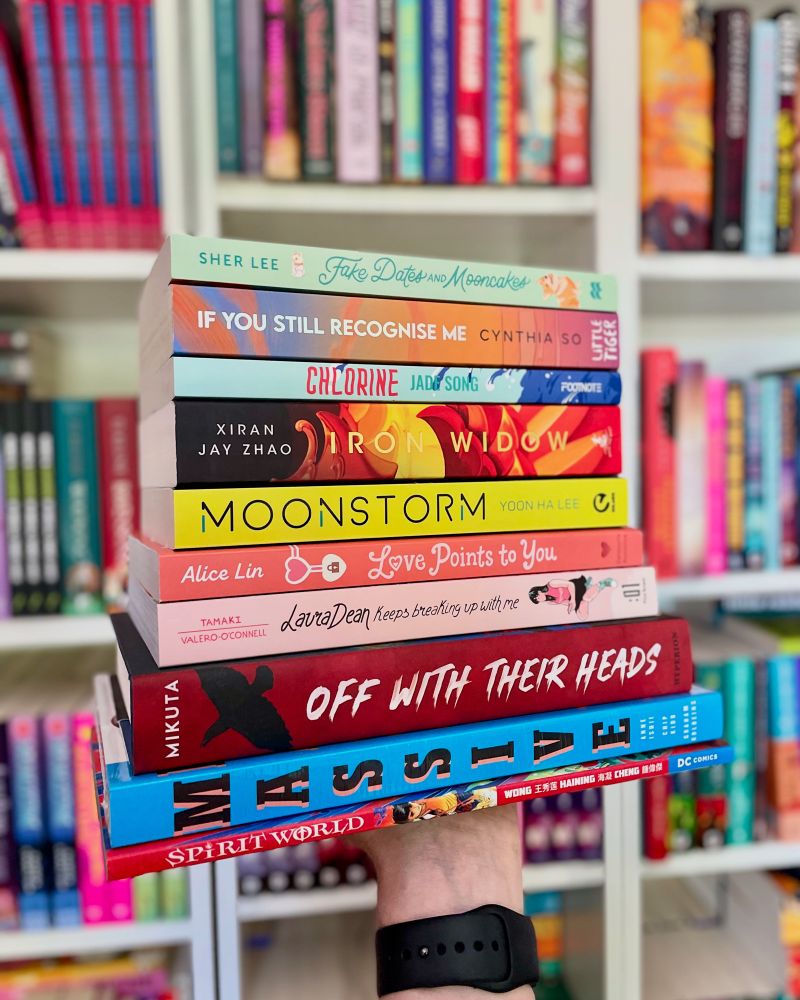 A stack of queer East Asian books - spines out

▪️ Fake Dates and Mooncakes by Sher Lee - fake dating rom-com
▪️ If You Still Recognise Me by Cynthia So - crushes, fan-fic and found family
▪️ Chlorine by Jade Song - power, longing and body horror
▪️ Iron Widow by XiranJay Zhao - giant robots, Chinese history and polyamory
▪️ Moonstorm by Yoon Ha Lee - Korean-inspired sci-fi adventure
▪️ Love Points To You by Alice Lin - art school and asexual romance
▪️ Laura Dean Keeps Breaking Up With Me by Mariko Tamaki - toxic girlfriends and grief
▪️ Off With Their Heads by Zoe Hana Mikuta - messed up retelling of Alice In Wonderland
▪️ Massive by Gengoroh Tagame - shibari, illustration and BDSM
▪️ Spirit World by Alyssa Wong - big swords and non-binary superheroes
