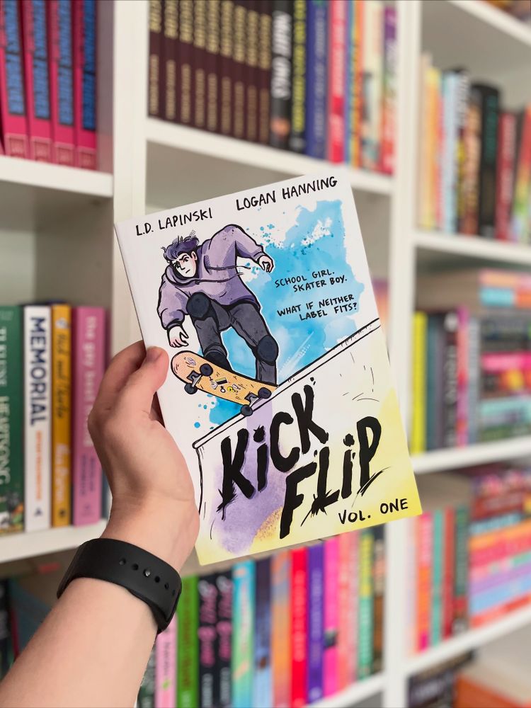 Book cover for graphic novel - Kickflip by L.D. Lapinski & Logan Hanning

Blurb:

At school, Elliot gets bullied for being 'different to other girls' whereas at the skate park, everyone welcomes Elliot - presuming they're male - but neither label feels right.

As Eliot's love of skateboarding and friendships grow, their worlds collide at a sports expo where the school netball team and skate crew are competing. Can Elliot find the courage to share what they've learned about non-binary identity?