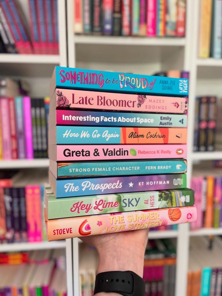 A stack of queer books - spines showing:

▪️ Something To Be Proud Of by Anna Zoe Quirke - MC with Autism
▪️ Late Bloomer by Mazey Eddings - MC with Autism & ADHD
▪️ Interesting Facts About Space by Emily Austin - MC with Autism
▪️ Here We Go Again by Alison Cochrun - MC with ADHD
▪️ Greta & Valdin by Rebecca K Reilly - MC with OCD
▪️ Strong Female Character by Fern Brady - MC with Autism
▪️ The Prospects by KT Hoffman - MC with ADHD
▪️ Key Lime Sky by Al Hess - MC with Autism
▪️ The Summer Love Strategy by Ray Stoeve - MC with ADHD & Autism