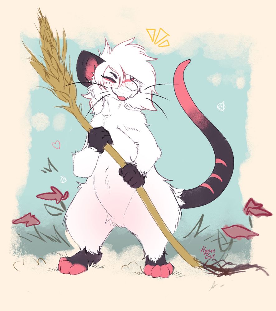 Artist's feral mouse oc, Raspberry, holding a stalk of wheat recently pulled from the ground, she is surrounded by grass and red flowers, a happy expression across her face. - This piece is a therian expression from the artist to convey their identity -