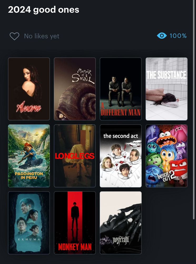 2024 good ones

Anora
Memoir of a Snail
A Different Man
The Substance
Paddington in Peru
Longlegs
The Second Act
Inside Out 2
Exhuma
Monkey Man
Nosferatu