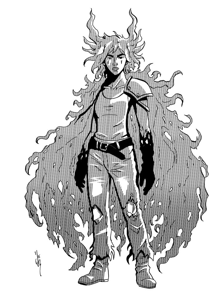Il s’agit d’un personnage féminin dessiné en noir et blanc, en pied (on la voit des bottes à la tête), avec une pose frontale, droite, les bras le long du corps, légèrement écartés.

Cheveux : Très ébouriffés, en bataille, ils montent vers le haut comme s’ils étaient animés d’une énergie, se courbant en pointes pour former deux sortes de cornes naturelles. Cela renforce une silhouette à la fois sauvage et mystique.

Visage : Elle a un visage féminin anguleux, les traits fermés, avec une marque noire coulant sous les deux yeux.

Haut du corps : Elle porte un débardeur simple, sans manches, qui laisse voir ses bras fins mais solides. Sur l’épaule droite, une épaulette en métal, d’allure légèrement médiévale, ajoute une touche guerrière.

Bras et mains : Ses avant-bras et ses mains sont noirs, comme plongés dans l’ombre ou enveloppés d’une matière sombre, peut-être magique. Cette zone noire s’arrête net au-dessus des coudes.

Vêtements : Elle porte un pantalon en tissu épais, visiblement déchiré et usé, avec des trous au niveau des genoux. Une ceinture sombre avec une boucle vient compléter la tenue.

Chaussures : Des bottes épaisses, qui lui donnent une allure solide et fonctionnelle.

Cape / manteau : Le détail le plus marquant est une immense cape vivante, ou un manteau fait d’ombre, qui s’étend de ses épaules jusqu’au sol. Ce manteau semble flotter derrière elle, composé de formes mouvantes, presque liquides ou en flammes stylisées, comme une fumée solide. Il entoure la silhouette du personnage et accentue son aura mystérieuse.


Le dessin utilise un style de hachures denses, très marqué, avec de forts contrastes noir et blanc, ce qui accentue l’effet dramatique et "comics old-school".