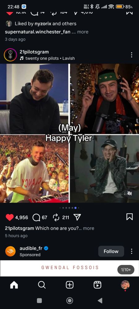 Ùn screen d'un poste instagram du compte 21pilotsgram avec écrit "(May) Happy Tyler"