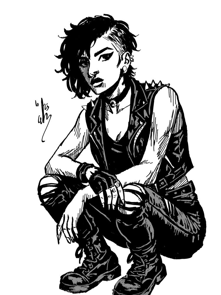 Illustration en noir et blanc d’une personne à l’allure punk, accroupie, les coudes posés sur les genoux. Iel porte un gilet en cuir clouté, un débardeur noir, un pantalon déchiré aux genoux et des bottes épaisses. Des gants sans doigts couvrent ses mains, et un bracelets ornent un poignet. Son visage est partiellement caché par une mèche de cheveux noirs tombant d’un côté, tandis que l’autre côté de la tête est rasé. On distingue des boucles d’oreilles et un collier à pendentif circulaire. L’expression est sérieuse, presque défiant. Le dessin est réalisé dans un style comic book avec des ombres marquées et des lignes expressives. 