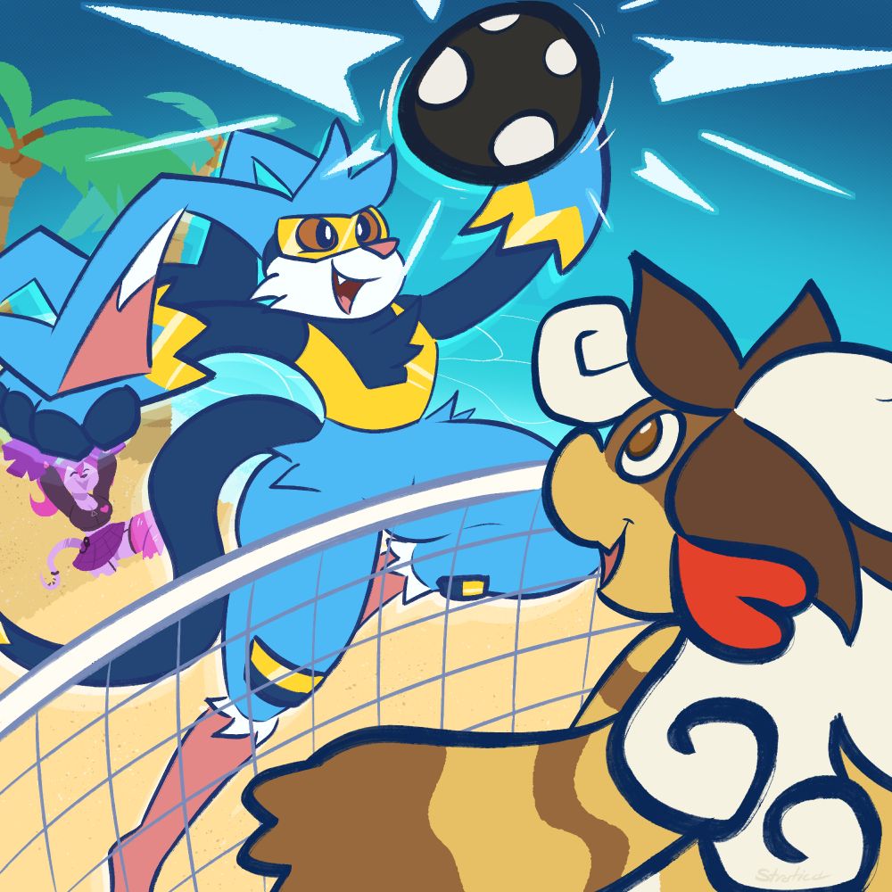 Bongus & Bandicraft from Beastieball playing a practice game while their trainer Karma the dragon cheers them both on at the beach