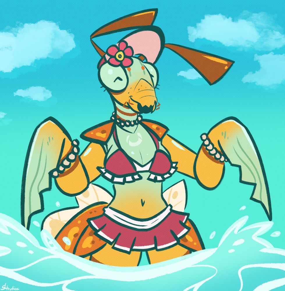 A mantis bug dressed in some red frilly swimwear, a sun visor hat, flower and beads in the ocean frolicking happily in the water
