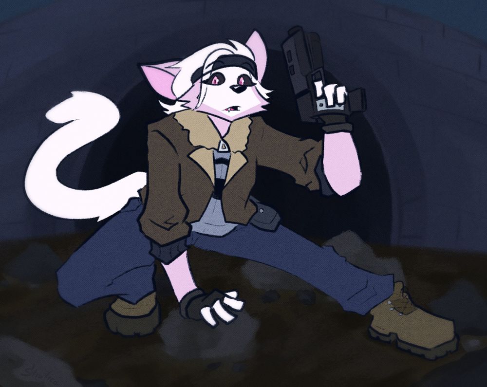 a cat (nb) anthro character cosplaying alyx's outfit from half life coming out of a sewer with her arm holstered ready to strike