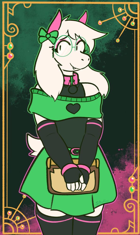 Depiction of Ralsei from deltarune in a croptop sweater, skirt and tights / arm warmers looking cute and smiling at the viewer