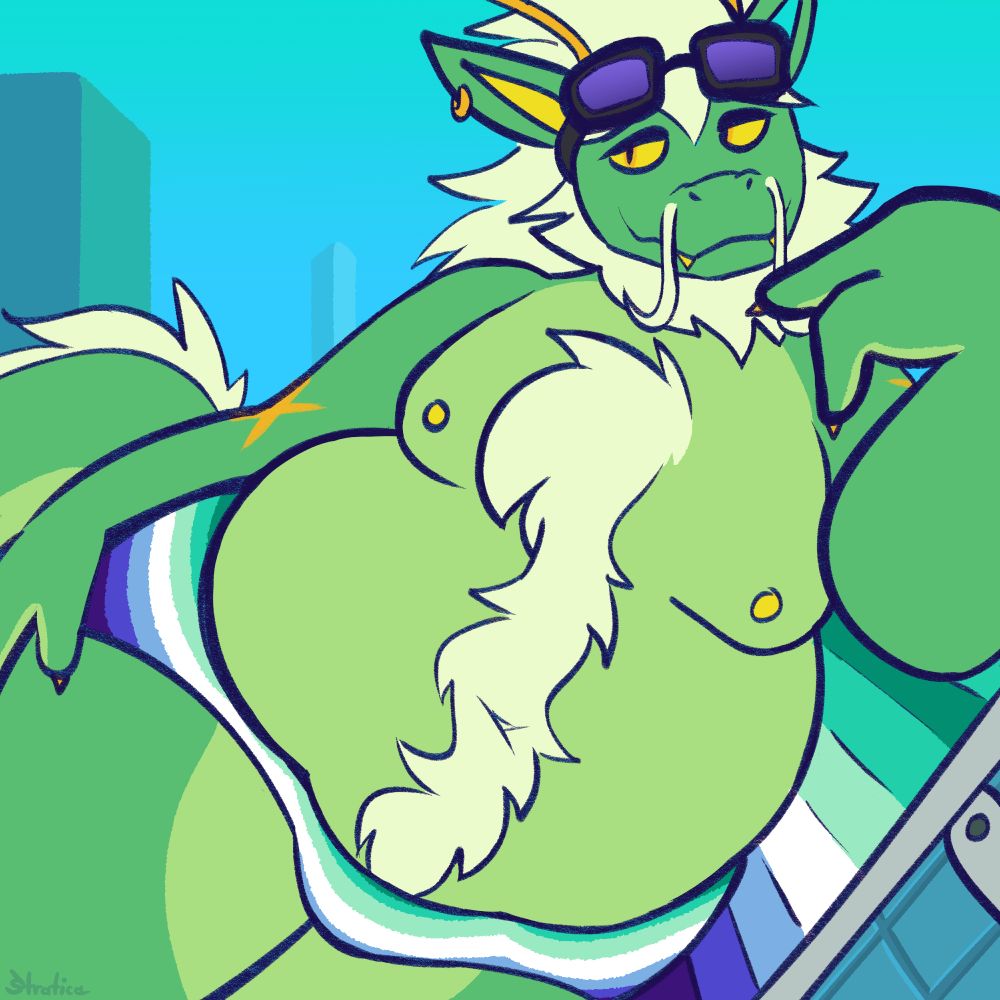 Marquez the dragon relaxing and sitting on a poolside chair in just swim briefs where both have the MLM flag colors on them