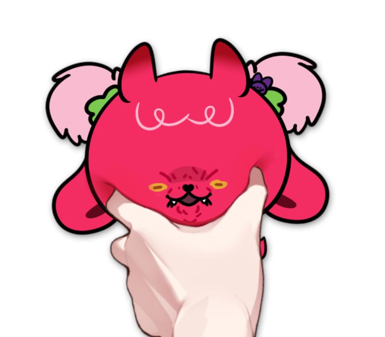 creature bz's cheeks are being squished by an anime hand. she is angry about this.