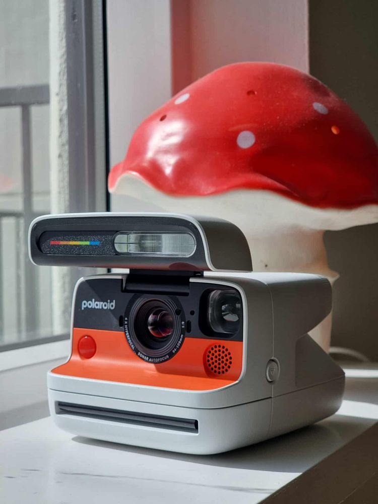 polaroid flip myndavél og lampi sem lítur út eins og sveppur