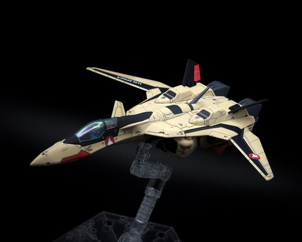 Bandai HG 1/100 YF-19 plastic model kit from Macross Plus. 

Detailed and completed with a mixture of traditional stickers, water slide decals, acrylic paint for color correction, and matte topcoat. 